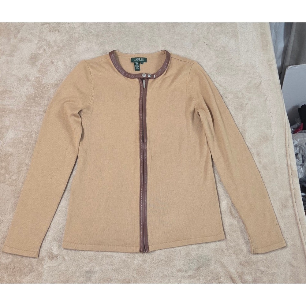 Lauren Ralph Leather Trim Full Zip Sweater Women's M Beige Silk Cashmere L/S